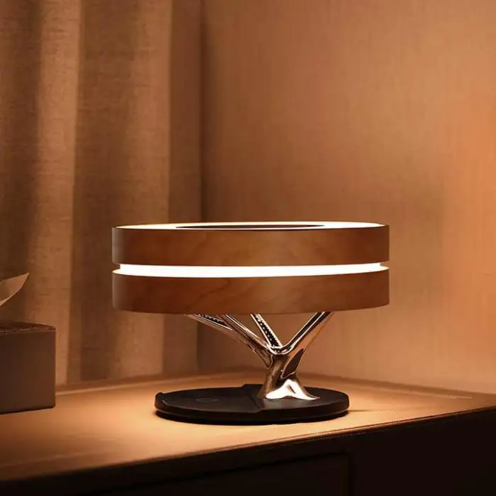 Wireless Charger Table Lamp with Alarm Clock TWS Speaker Light Dimming Bedside Table Lamp with Wireless Charger