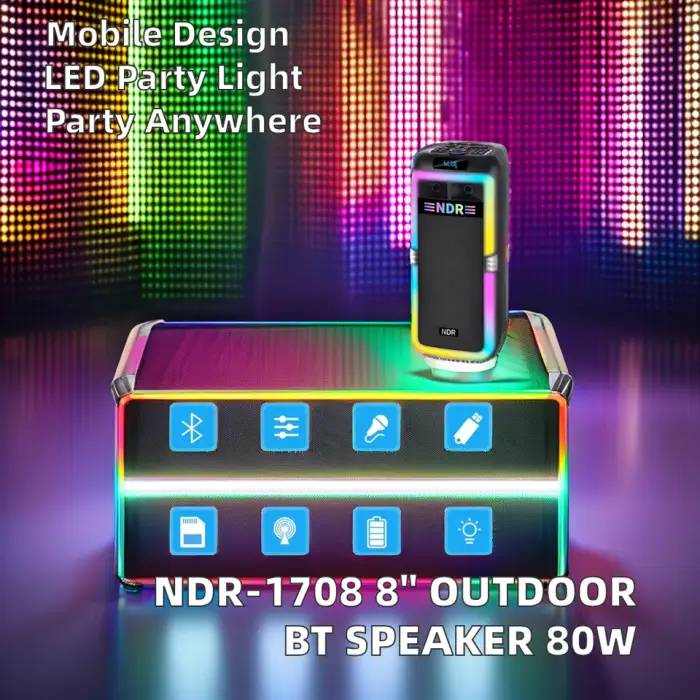 NDR-1708 8-Inch Active Woofer Trolley Speaker with 80W Outdoor Bluetooth Portable Bass Subwoofer Dual Microphone for Parties
