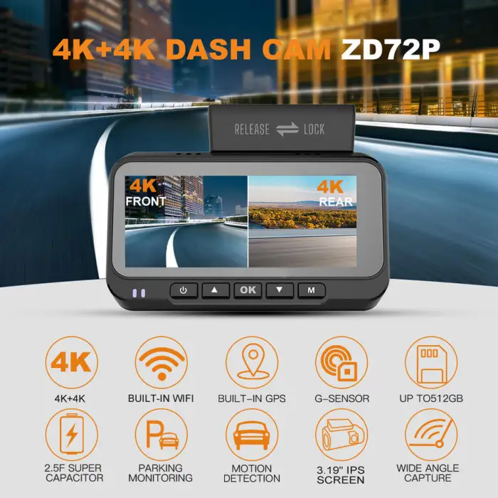 4K+4K Dual Cam Front Rear WIFI GPS Night Vision 170° Wide Angle Dual Dash Cam Video Recorder Car Black Box ZD72P+64G