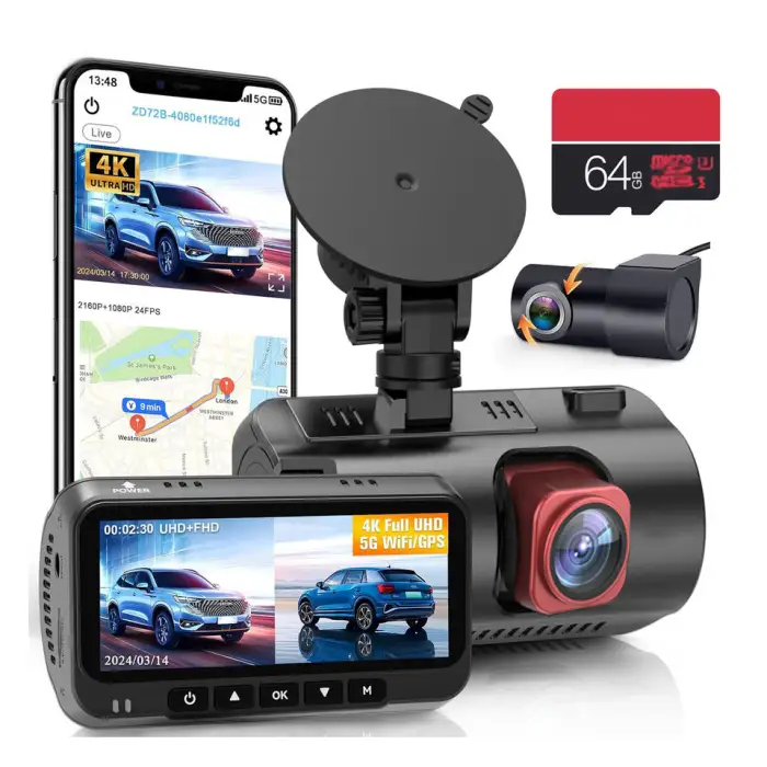 4K+4K Dual Cam Front Rear WIFI GPS Night Vision 170° Wide Angle Dual Dash Cam Video Recorder Car Black Box ZD72P+64G