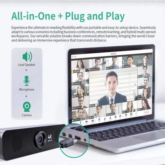 All in One 4K Ultra HD Camera Support 3x Optical Zoom with Omnidirectional Sound Pickup for Online Meeting or Live Streaming