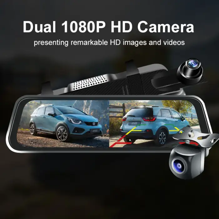 XYD 9.66'' Mirror Dash Cam Backup Camera Full HD Smart Rearview Mirror for Cars Trucks 1080P Front and Rear View Dual Cameras 5W