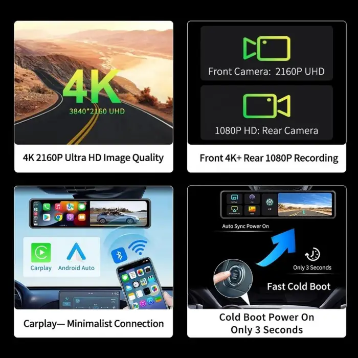 12 Inch 4K+1080P Car DVR Carplay Android Auto WIFI GPS Dual Dash Cam Front and Rear 4K for Car Cam Rear Camera Auto Recorder