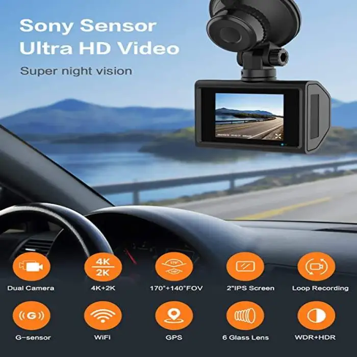 4K Dash Cam Front and Rear with WiFi Dash Cam for Car Dash Cam, GPS Night Vision