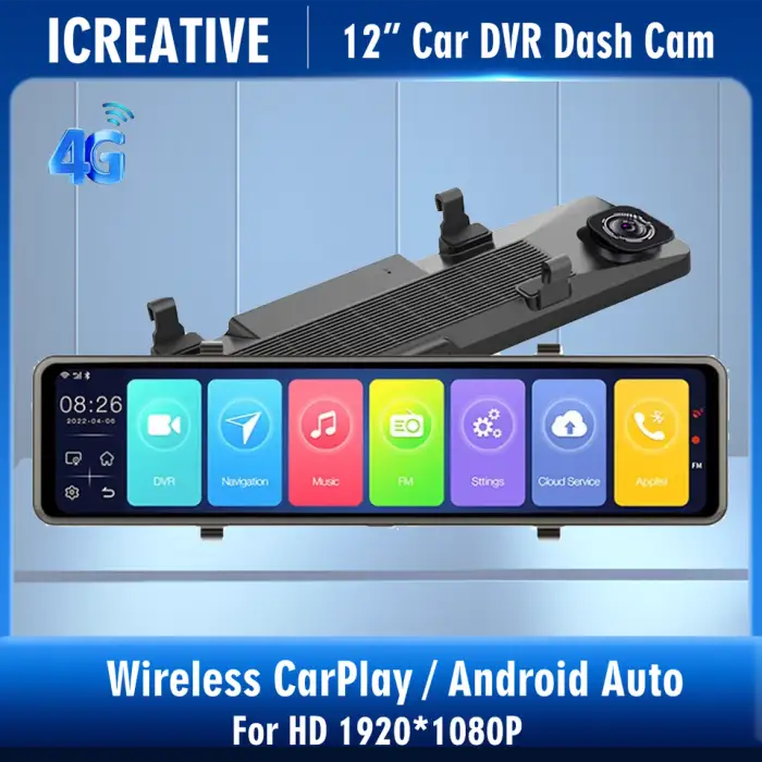 Car DVR Front and Rear 4k Dash Cam Dual Screen HD 1080P Rear View Mirror Multimedia Video Recorder Wireless CarPlay&Android Auto