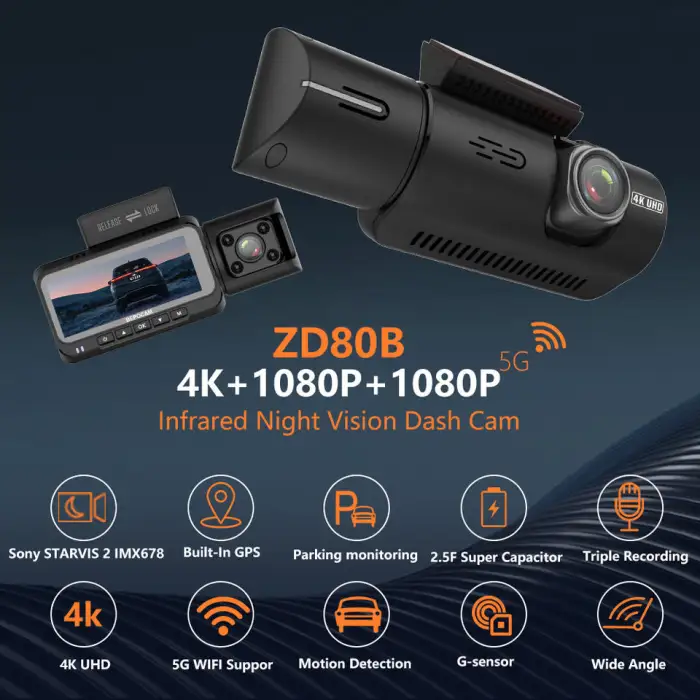 3 Channel 4K Dash Cam Front and Rear Interior Car Camera SONY STARVIS2 678 Sensor 5GHz WiFi GPS HDR Car DVR Video Recorder ZD80B