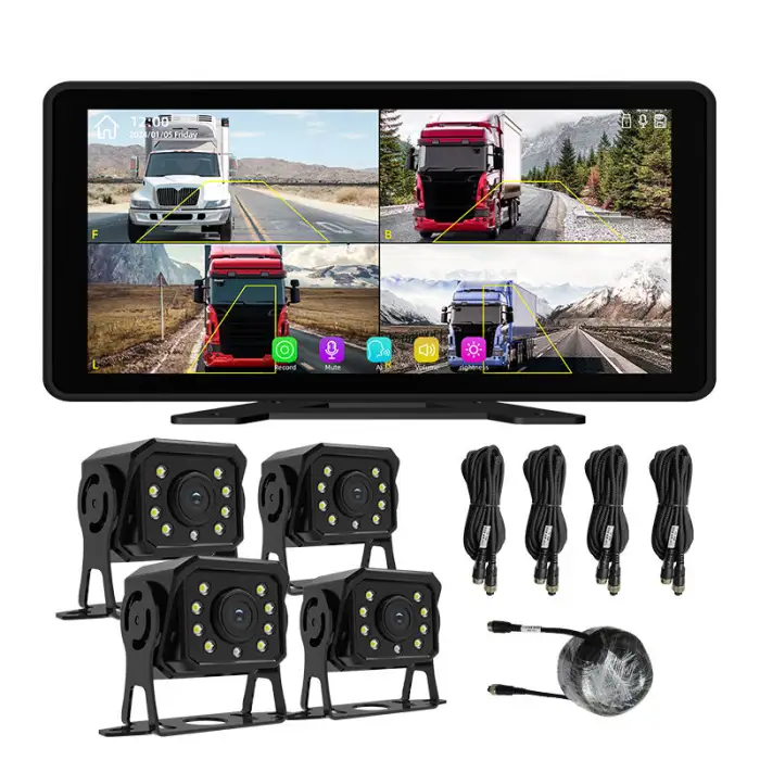 10.36 Inch 4 Channels Split Screen Car MP5 DVR Recorder Monitor With FHD Front Rear Backup Camera for Truck/Bus/Trailer/RVs