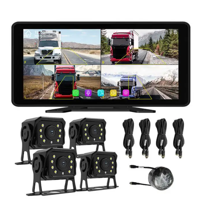 10.36 Inch 4 Channels Split Screen Car MP5 DVR Recorder Monitor With FHD Front Rear Backup Camera for Truck/Bus/Trailer/RVs