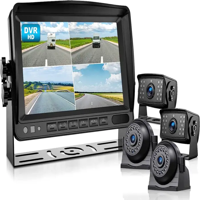 Quad Screen Backup DVR Record Camera System and 4CH 7/9Inch AHD Monitor Kit for Trucks and Heavy Machinery
