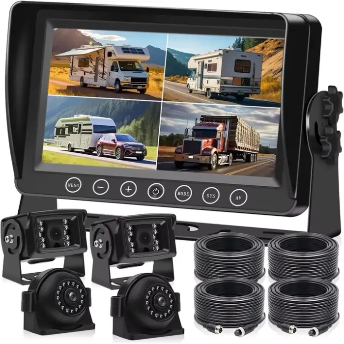 Quad Screen Backup DVR Record Camera System and 4CH 7/9Inch AHD Monitor Kit for Trucks and Heavy Machinery