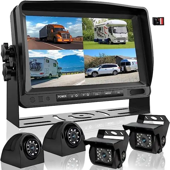 Quad Screen Backup DVR Record Camera System and 4CH 7/9Inch AHD Monitor Kit for Trucks and Heavy Machinery