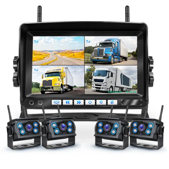 1080P Stable Performance Truck DVR 7'' IPS Quad Screen with 4PC Cordless Camera Dual Antenna Digital Wireless Backup Camera Kit