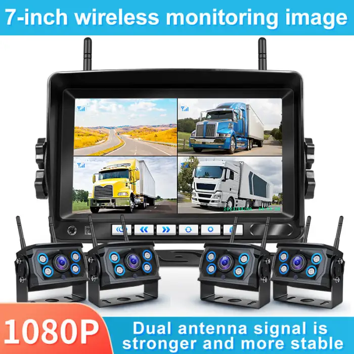 1080P Stable Performance Truck DVR 7'' IPS Quad Screen with 4PC Cordless Camera Dual Antenna Digital Wireless Backup Camera Kit