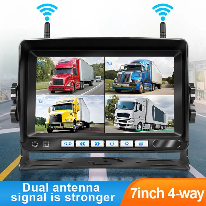 1080P Stable Performance Truck DVR 7'' IPS Quad Screen with 4PC Cordless Camera Dual Antenna Digital Wireless Backup Camera Kit
