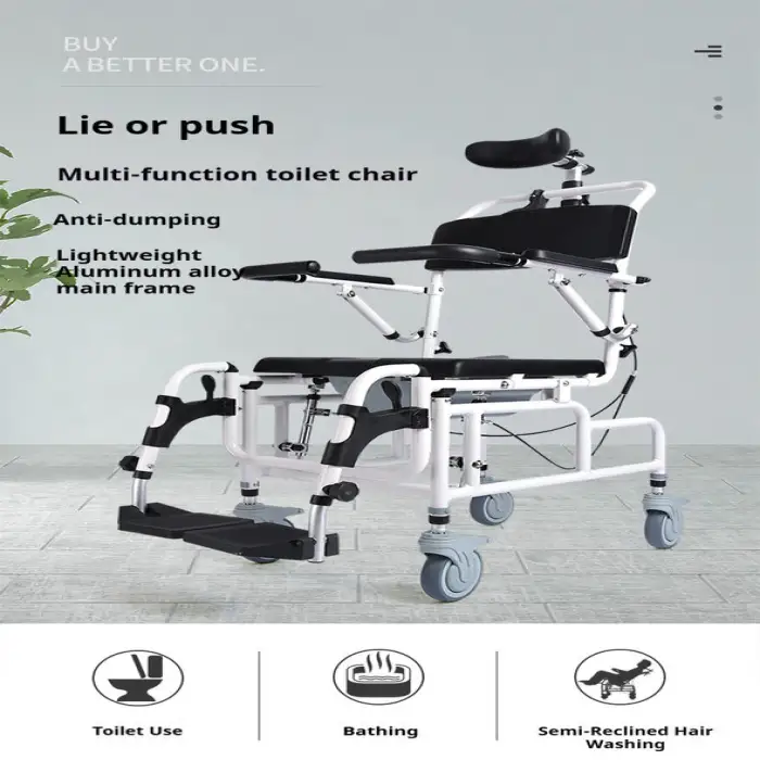 Adjustable Headrest Tilt-in-Space Reclining Shower/Toilet Commode Chair Padded Seat Armrests Flip-Up Bathroom Safety Equipment
