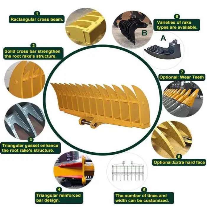 Excavator Root Rake Tilting Rake Bucket Excavator Attachments Landscape Rake