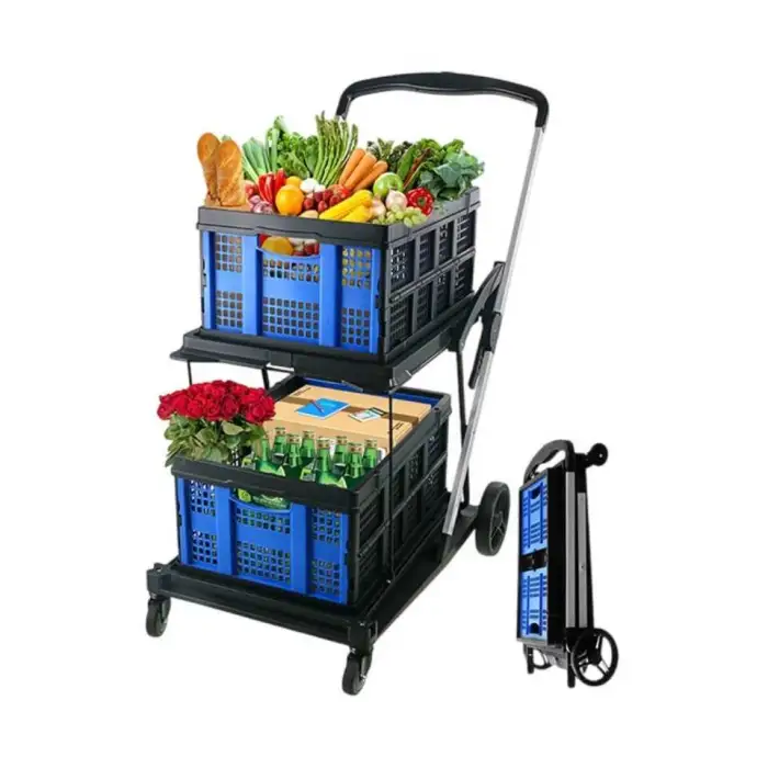Two Layers Grocery Cart on Wheels Foldable Multi Use Functional Collapsible Carts Mobile Folding Trolley