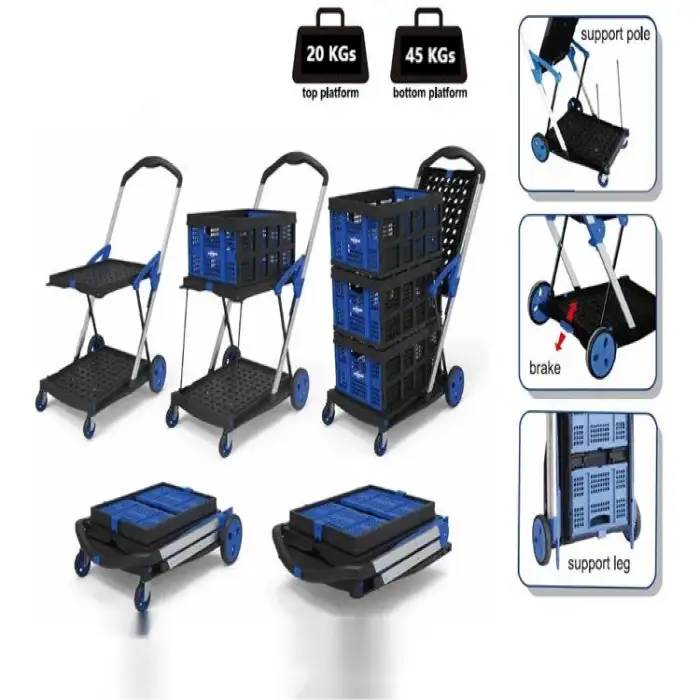 Two Layers Grocery Cart on Wheels Foldable Multi Use Functional Collapsible Carts Mobile Folding Trolley