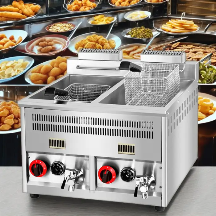 Commercial Gas Stainless Steel Deep Fryer Machine Temperature-Control Double Tanks Condition for Restaurant Use