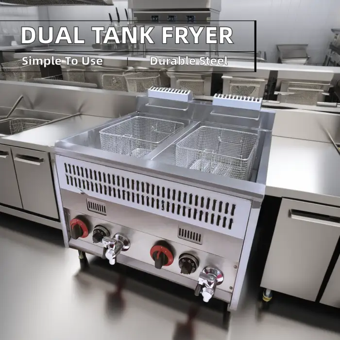 Commercial Gas Stainless Steel Deep Fryer Machine Temperature-Control Double Tanks Condition for Restaurant Use
