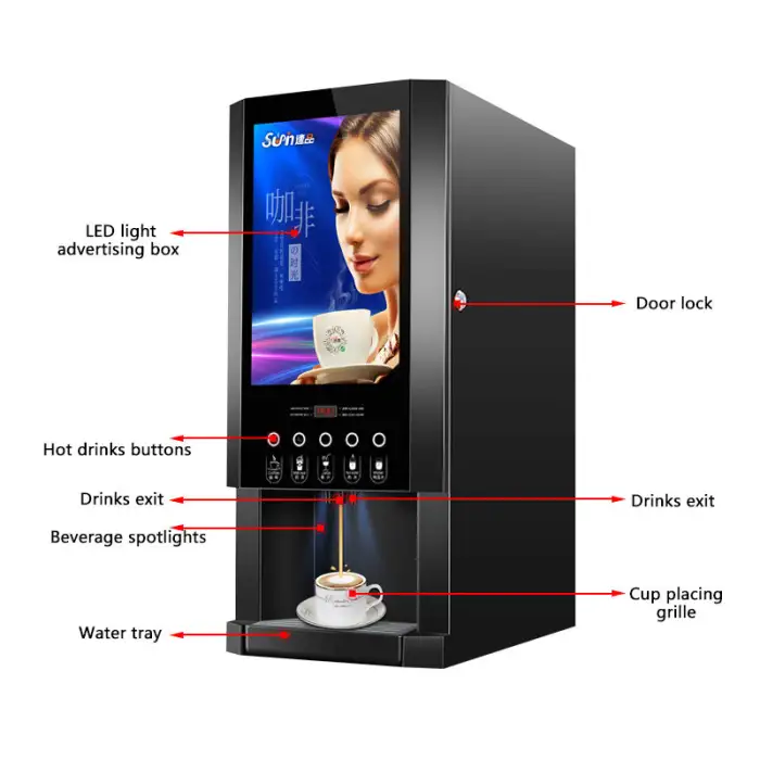 E-30SW 3 Isntant Coffee Machine Commercial Automatic Coffee Dispenser Milk Tea Vending Machine LED Advertising Box