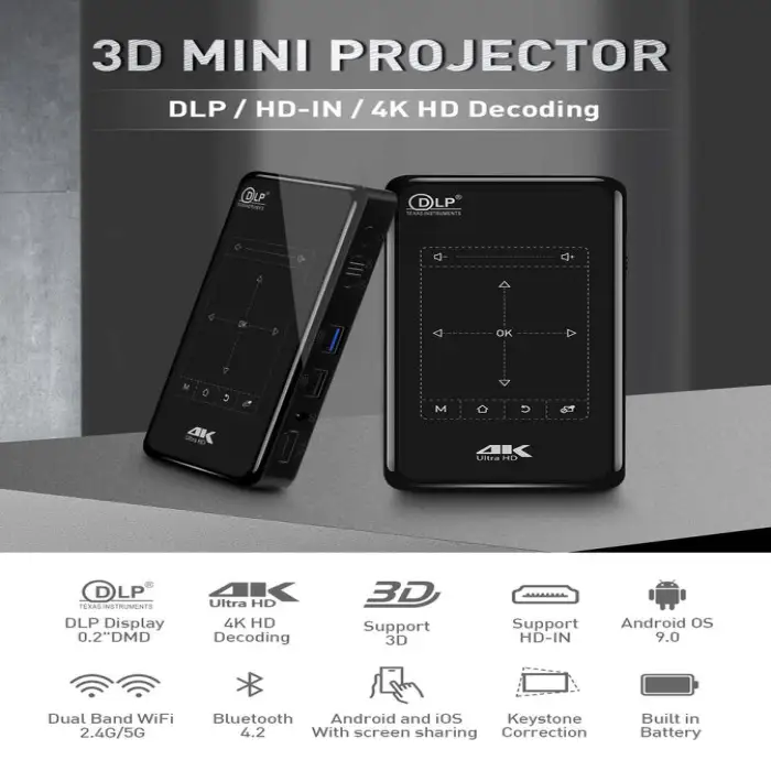 P09 II 480P DLP Short Throw Projector Android 9 65 ANSI Lumen Portable Mini Projector with Wifi BT Speaker Battery