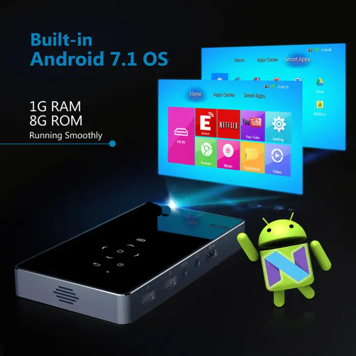 P8I Mini HD Input Projector 1080P Smart Android Wifi BT Mobile Phone Projector for Home Theater/Outdoor/Meet Using