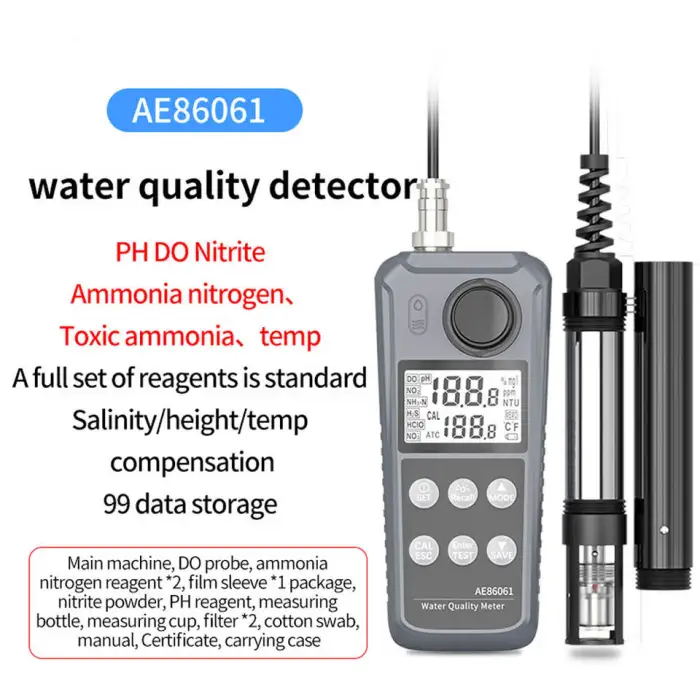 Water Quality Tester Meter Detector AE86061 Dissolved Oxygen Temperature PH Nitrite Ammonia Nitrogen Measure Analyzer