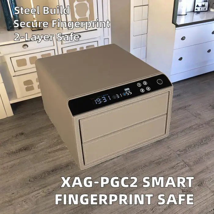 Double Layer Orange Leather Steel Jewelry & Office File Storage Safe Fingerprint & Key Lock Smart Home Box Pattern