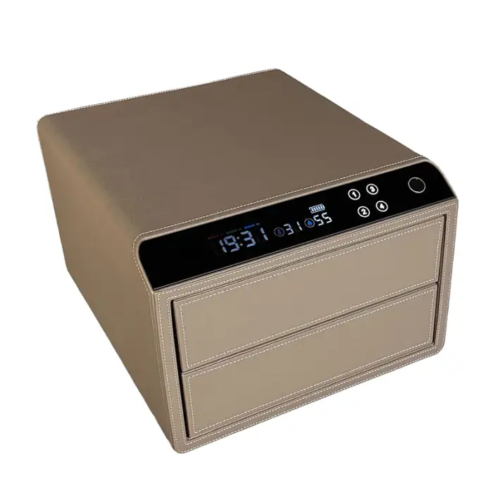 Double Layer Orange Leather Steel Jewelry & Office File Storage Safe Fingerprint & Key Lock Smart Home Box Pattern