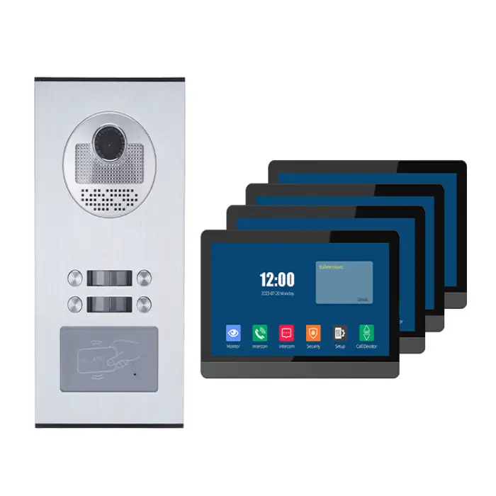 4-Unit Video Intercom System with 7 Inch Monitor Wired Connectivity Door Phones for Apartments Entryway Security