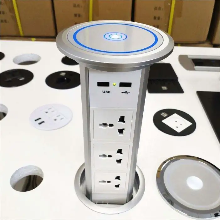 Waterproof Universal Power Outlet Kitchen Electrical Motorized Vertical Desktop Pop up Tower Socket With Top Wireless Charger