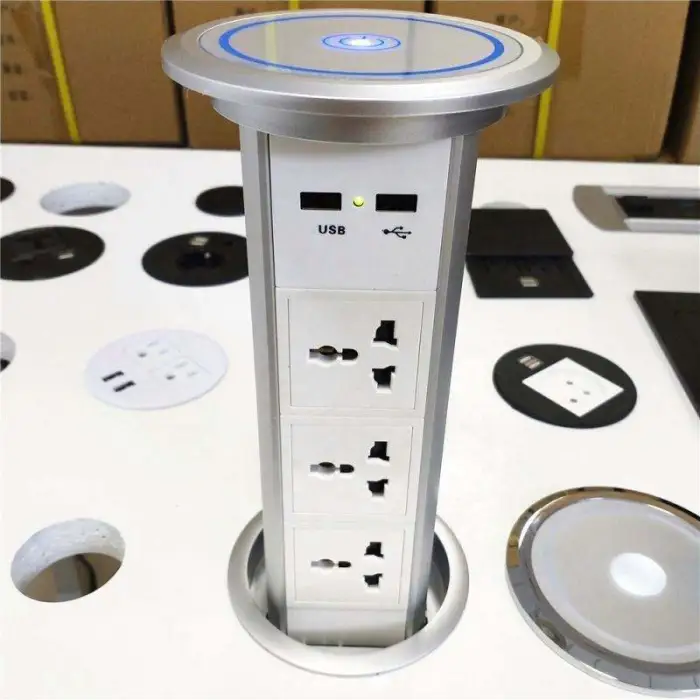 Waterproof Universal Power Outlet Kitchen Electrical Motorized Vertical Desktop Pop up Tower Socket With Top Wireless Charger