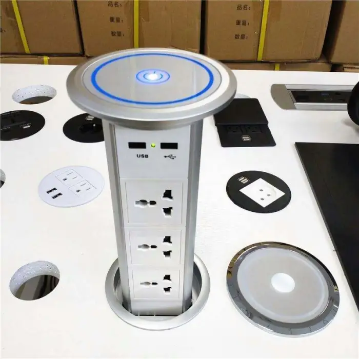 Waterproof Universal Power Outlet Kitchen Electrical Motorized Vertical Desktop Pop up Tower Socket With Top Wireless Charger