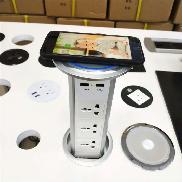 Waterproof Universal Power Outlet Kitchen Electrical Motorized Vertical Desktop Pop up Tower Socket With Top Wireless Charger