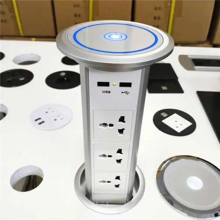 Waterproof Universal Power Outlet Kitchen Electrical Motorized Vertical Desktop Pop up Tower Socket With Top Wireless Charger
