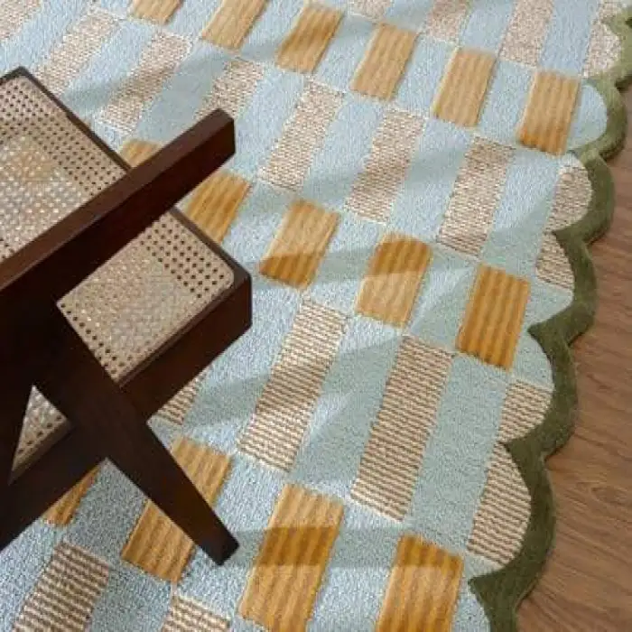 Machine Made Wool Rug Scalloped Edges Light Blue Plaid Pattern Cozy Soft Washable Jute Backing Modern Accent Rug Home Hallway