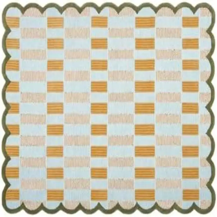 Machine Made Wool Rug Scalloped Edges Light Blue Plaid Pattern Cozy Soft Washable Jute Backing Modern Accent Rug Home Hallway