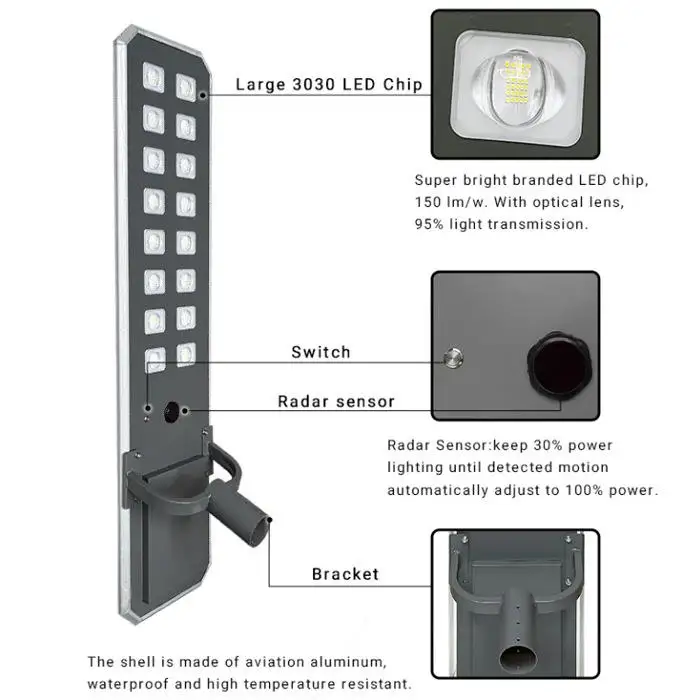 Custom 1000w 400w 800w Aluminum IP65 Waterproof Outdoor Integrated Solar Street Lamp All in One Led Solar Street Light