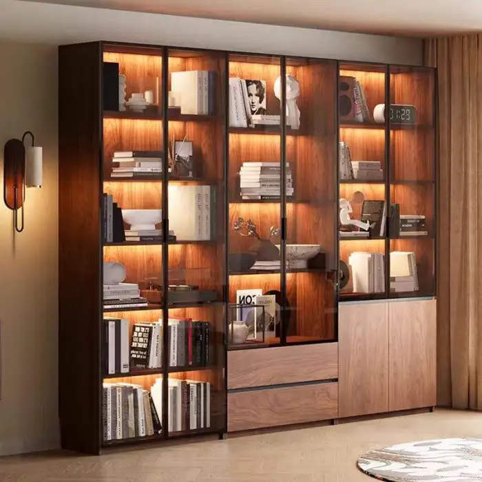 Solid Wood Bookcase Library Ladder System Modern Stainless Steel for Easy Access Upper Shelves for Home Living Room Furniture