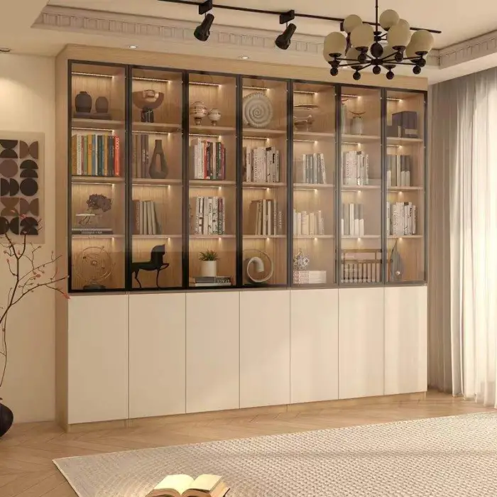 Solid Wood Bookcase Library Ladder System Modern Stainless Steel for Easy Access Upper Shelves for Home Living Room Furniture