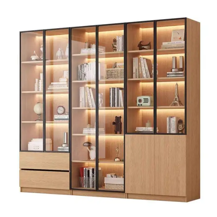 Solid Wood Bookcase Library Ladder System Modern Stainless Steel for Easy Access Upper Shelves for Home Living Room Furniture