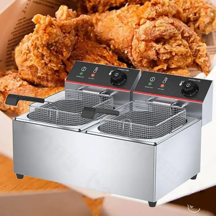 Automatic Commercial Fryer Machinery 2 Tank 2 Baskets Pork Skin Meat Chicken Nuggets Continuous Frying Machine
