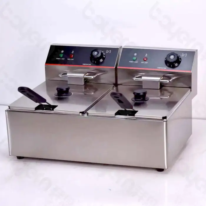 Automatic Commercial Fryer Machinery 2 Tank 2 Baskets Pork Skin Meat Chicken Nuggets Continuous Frying Machine