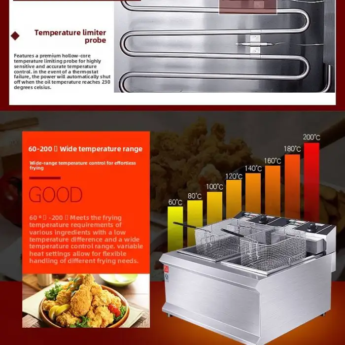 Commercial Electric Stainless Steel Dog Deep Fryer with Double Tank 220V Kitchen Equipment