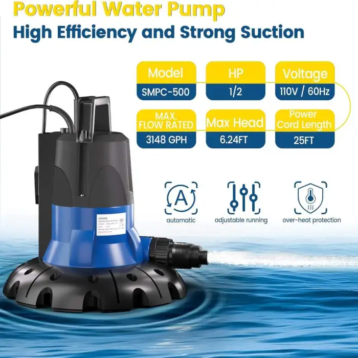 Cofiyard 1/2 HP High Pressure Automatic Pool Cover Pump 3148 GPH Submersible Sump Pump 25ft Cable Swimming Pool Garden Pond