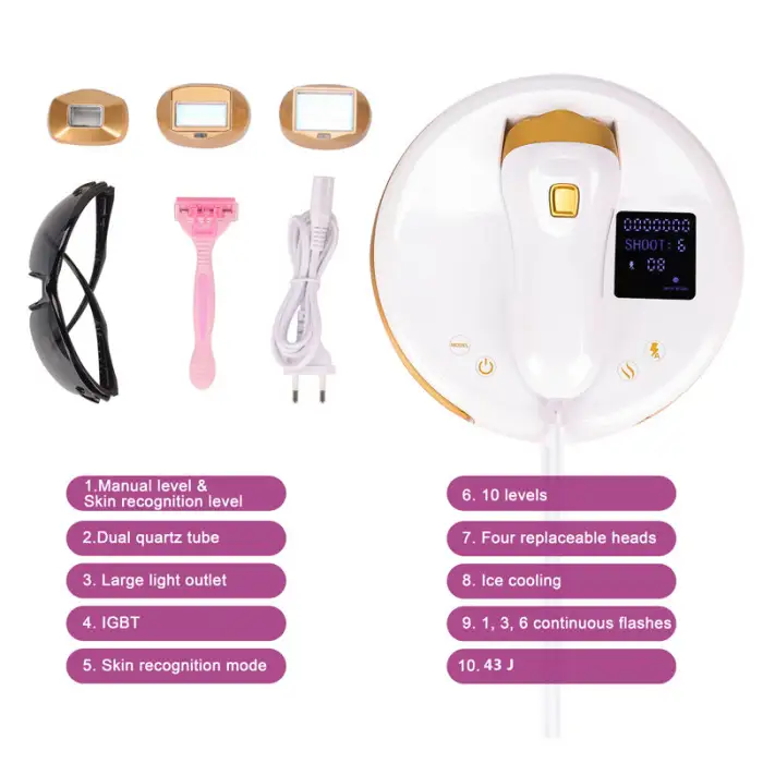 High Energy Home Use 43J Multiple Replaceable Lamps IPL Hair Removal Device with Skin Sensor and IGBT Fast Flashing Speed