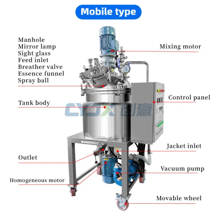 100L Vacuum Emulsifying Mixer Machine for Cosmetic Food & Chemicals Homogenizer with 40kW Motor Pump and Bearing — image 2