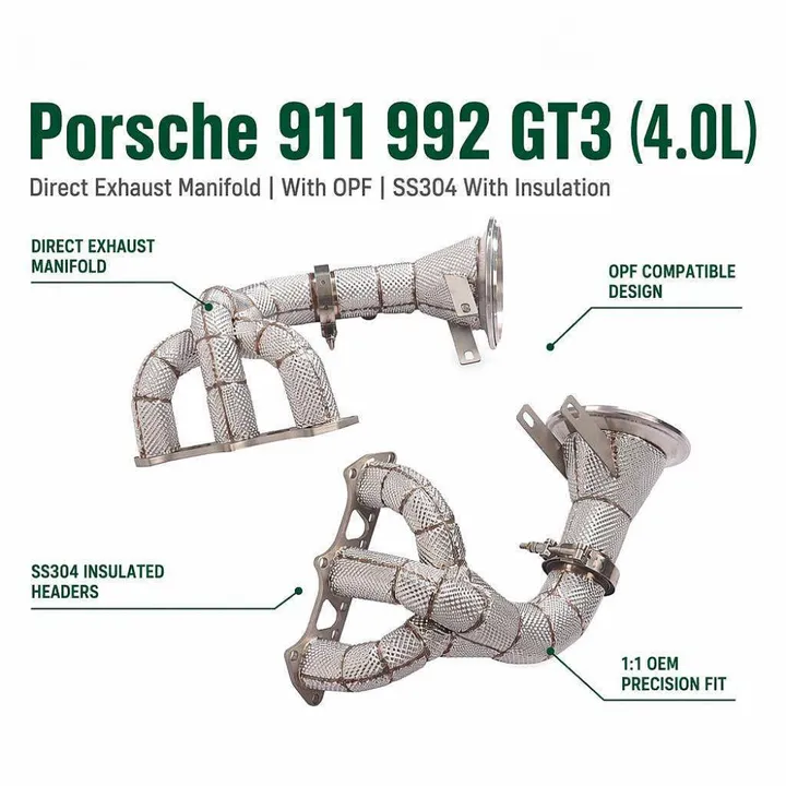 Custom Exhaust Manifold Headers for Porsche 911 992 GT3 4.0L SS304 Insulated Equal Length Design 1:1 OEM Fitment — image 7