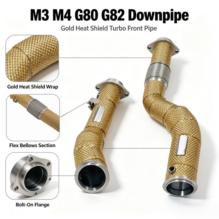 High-Flow Straight-Through Exhaust Downpipe for BMW M3 M4 G80 G82 S58 3.0T car exhaust pipes header with gold insulation — image 1